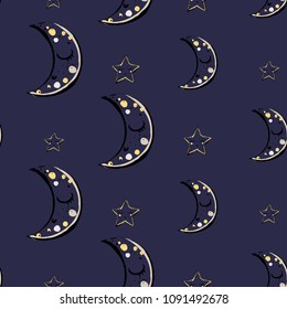 Baby cute sky seamless pattern background with cute star and crescent moon. Simple doodle hand drawn illustration in watercolor scandinavian style. Black, yellow graphic on dark blue background.