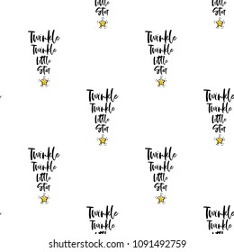 Baby cute sky seamless pattern background with twinkle twinkle little star text. Black, golden yellow graphic on white background.

