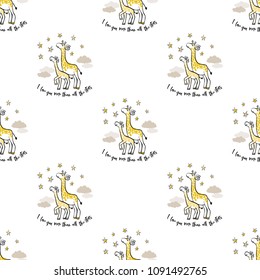 Baby cute sky seamless pattern background with giraffe family. Simple doodle hand drawn illustration in watercolor scandinavian style. Black, yellow, gray graphic on white background.
