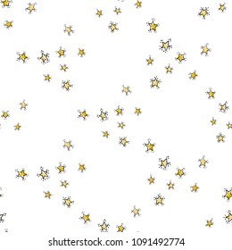 Baby cute sky seamless pattern background with little stars. Simple doodle hand drawn illustration in watercolor scandinavian style. Black, golden, gray graphic on white background.