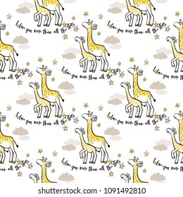 Baby cute sky seamless pattern background with giraffe family. Simple doodle hand drawn illustration in watercolor scandinavian style. Black, yellow, gray graphic on white background.