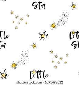 Baby cute sky seamless pattern background with little star text and golden stars. Doodle hand drawn illustration in watercolor scandinavian style. Black, gold yellow, gray graphic on white background.