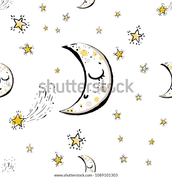 三日月の背景に赤ちゃんのかわいい空のシームレスなパターン 落書き風星 水彩スカンジナビア風の簡単な落書き風手描きのイラスト 白い背景に黒 黄色 グレーのグラフィック のベクター画像素材 ロイヤリティフリー