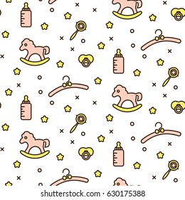 Baby cute toddler line icon vector pattern. Soft pink racks, rocking horse, stars and baby bottle seamless dotted background for fabric or website.