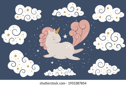 Baby cute unicorn design flying among clouds stars