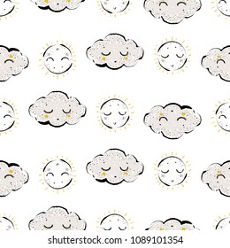 Baby cute weather seamless pattern background with cloud and sun. Simple doodle hand drawn illustration in watercolor scandinavian style. Black, yellow, gray graphic on white background.