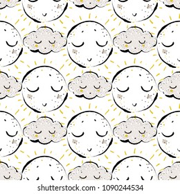 Baby cute weather seamless pattern background with cloud and sun. Simple doodle hand drawn illustration in watercolor scandinavian style. Black, yellow, gray graphic on white background.