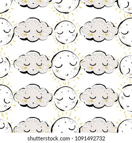 Baby cute weather seamless pattern background with cloud and sun. Simple doodle hand drawn illustration in watercolor scandinavian style. Black, yellow, gray graphic on white background.