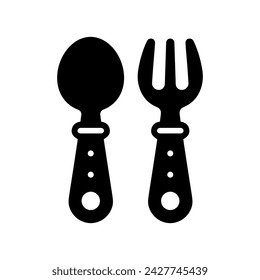 Baby cutlery icon. Black and white silhouette of a baby fork and spoon. Vector illustration.