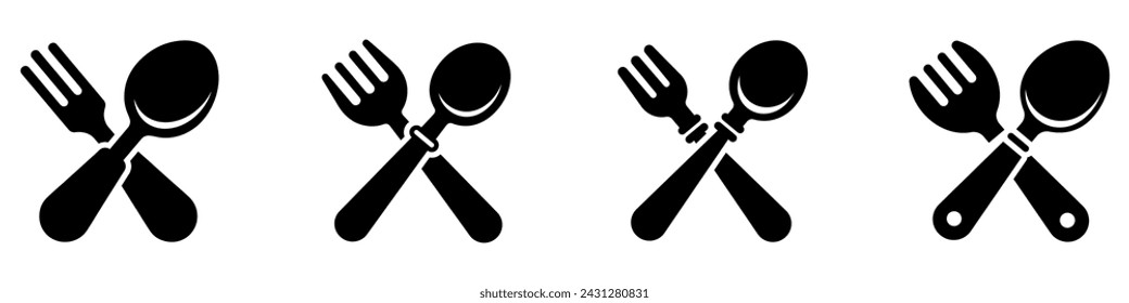 Baby cutlery icons set. Black and white silhouette of a crossed baby fork and spoon. Vector illustration.