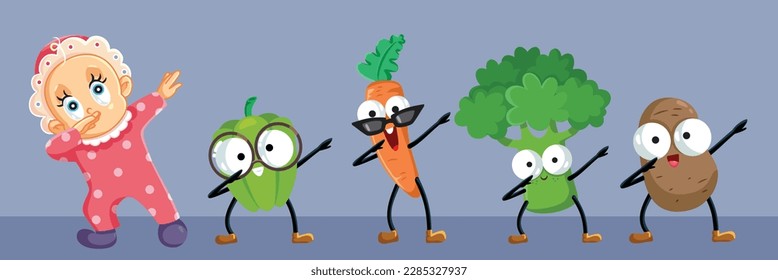 
Baby Dancing Next to Healthy Super Foods Vector Cartoon Illustration. Happy infant dabbing with energy eating a balanced diet 
