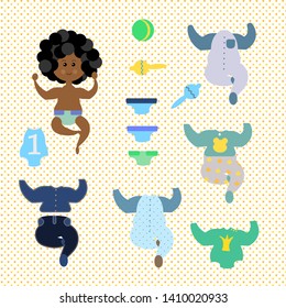 Baby with dark skin and black curls. With a set of clothes and toys. Diaper, bodysuit, romper, rattle and ball. Cute character in cartoon style. The boy is a paper doll. Vector illustration