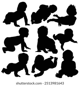 Baby Day, May 2nd. Set of baby and toddler silhouette isolated on white background. Sitting, crawling and standing. Vector illustration, baby development icon, child growth stages. toddler milestones.