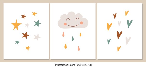 Decoración de bebés al estilo de baby boho. Conjunto vectorial de afiches con estrellas, corazón y nube. Estrellas dibujadas a mano, corazón y nubes en el estilo boho de los niños.