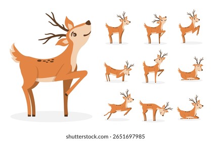 Animal de veado do bebê com sorriso alegre bonito garoto desenho animado isolado vetor de fundo gráfico natureza feliz personagem plano ilustração criança parque asiática desenho divertido vida selvagem mamífero rosto ao ar livre

