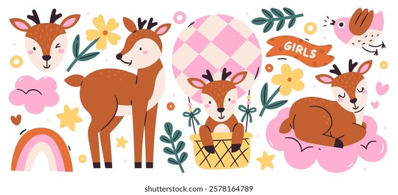 Baby deer cute happy cartoon character vector illustration. Adorable pretty girl kid wild brown fawn animal mascot set for room decoration, holiday greeting cards, festive baby-shower prints