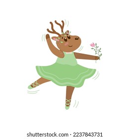 Baby deer in green tutu and pointe shoes holding flower. Cute animal ballerina character vector illustration. Ballet concept for birthday card or shirt designs for girls