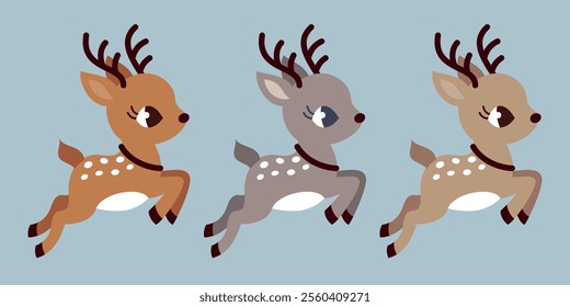 Baby deer jumping. 3 colour choices. Little reindeer flying to Santa Claus at the North Pole. Christmas winter New Year.