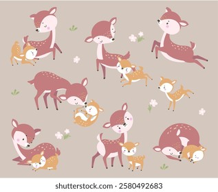 Baby deer with mother. Funny deers, adult and toddler running resting sleeping. Motherhood and teaching. Cartoon cute wild forest characters nowaday vector set