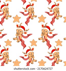 Baby deer on star vector illustration seamless repeat pattern Christmas traditional style