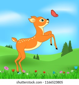 Baby deer playing with butterfly vector illustration