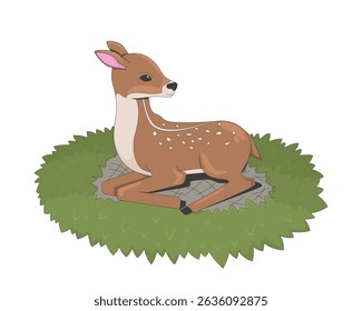 Bebê cervo descansando na grama 2D personagem de desenho animado. Fawn enrolado em ninho gramado. Criatura gentil. Animal da floresta. Bela criatura vetorial plana de vida selvagem isolada no branco. Ilustração especial colorida