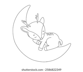 Baby deer sleep on moon, vector line illustration for coloring book