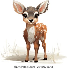 The baby deer smiles with big staring eyes. Cartoon drawing isolated on white background. Beautiful. Vector illustration