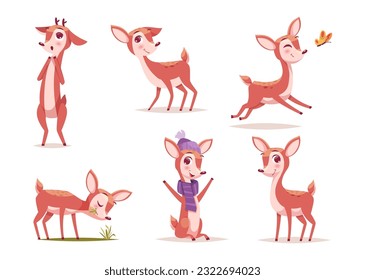 Baby deer. Wild cute forest animal in action poses standing sitting running walking exact vector deer in cartoon style