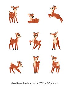 baby deers set. forest animals set, cute fantasy childish baby deer standing and lying in different poses. vector cartoon animals set.