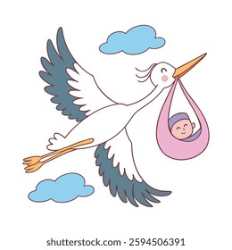 Baby Delivery Stork Carrying Girl in Pink Pouch