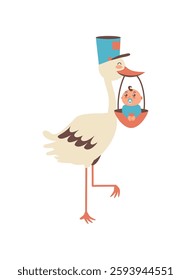 Baby delivery stork holding a baby girl illustration