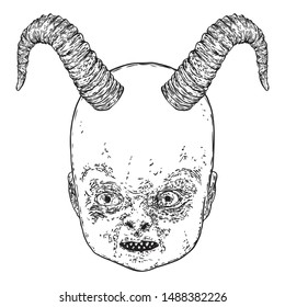 Baby demon with horns hand drawing. Fangs and teeth monster face. Little demon Halloween props. Vector.