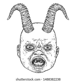 Baby demon with horns hand drawing. Fangs and teeth monster face. Little demon Halloween props. Vector.