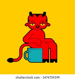 Baby demon on potty toilet. Little red devil