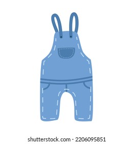 Baby denim overalls clipart. Simple cute baby toddler blue jean overall flat vector illustration. Baby denim jumpsuit or dungaree cartoon hand drawn doodle style. Kids, baby shower, nursery decoration