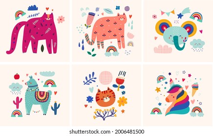 Baby design with cats. Baby animals pattern. Vector illustration with cute animals. Nursery baby illustration
