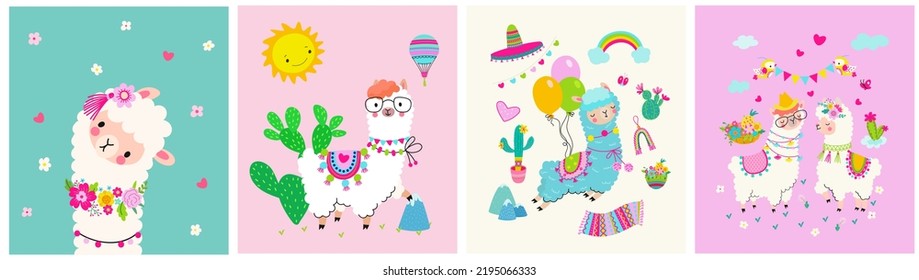 Diseño del bebé postales lindas de alpaca. Carteles de la fiesta de cumpleaños de Llama con cactus y globos. Alpacas divertida peruana en el amor, vivero hoy en día de fondo vectorial