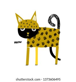 Baby design. Cute cat on a walk says meow. Perfect for t-shirt, apparel, cards, poster, nursery decoration. Cute vector illustration.