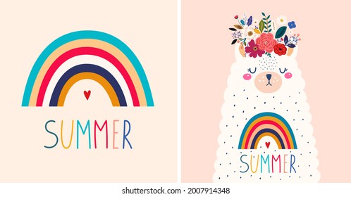 Baby design with cute llama and rainbow. Vector illustration with cute animal lama, alpaca. Nursery baby illustration
