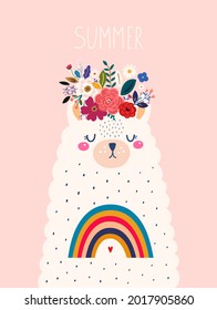 Baby design with cute llama and rainbow. Vector illustration with cute animal lama