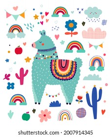 Baby design with cute llama and rainbows. Vector illustration with cute animal lama, alpaca. Nursery baby illustration