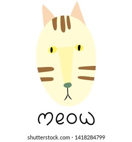 Baby design. Cute  sad cat on the white background with lettering- meow. Perfect for t-shirt, apparel, cards, poster, nursery decoration. Cute vector illustration. 
