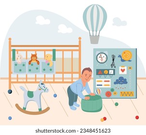 Baby development flat composition with happy healthy boy trying to get up holding on to ottoman vector illustration