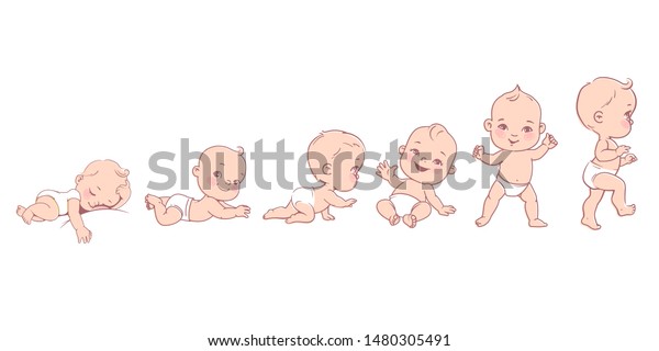 赤ちゃんの発達 新生児から幼児の成長 1年目 0 12カ月のかわいい男の子か女の子 デザインテンプレート ベクター画像のカラーイラスト のベクター画像 素材 ロイヤリティフリー