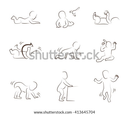 baby development icon, child growth stages. toddler milestones and motor development of first year. 