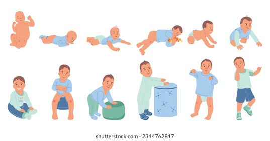 Etapas de desarrollo del bebé iconos planos conjunto de pequeños personajes de dibujos animados infantiles desde el nacimiento hasta el año ilustración vectorial aislada