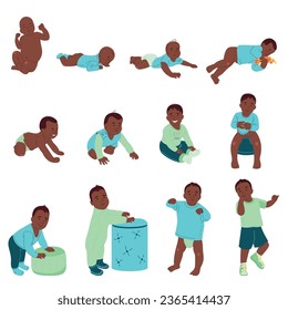 Estadios de desarrollo del bebé íconos planos conjunto de alegres niños de dibujos animados negros en diferentes poses ilustraciones vectoriales aisladas