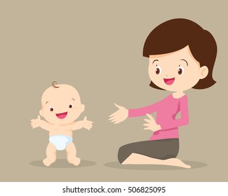 Baby Development Stages.Vector Illustration Of Mother With Their Infant Baby Standing Up.
