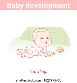 Baby development. Use of crawling, playing  on floor. Cute little baby boy or girl in diaper and overalls lying on carpet. Safe materials for children room.  Color vector illustration.